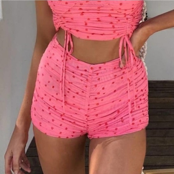NEW Tiger Mist Toronto Mesh Ruched Booty Shorts XS Pink High‎ Waisted NWT - Picture 1 of 11
